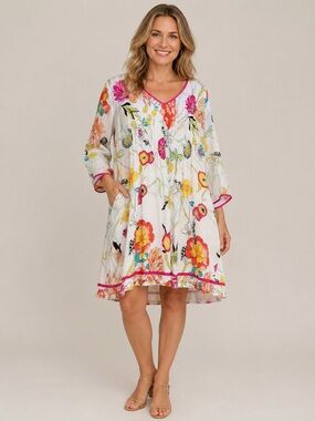 Floral V-Neck White Swim Coverup with Pink Trim